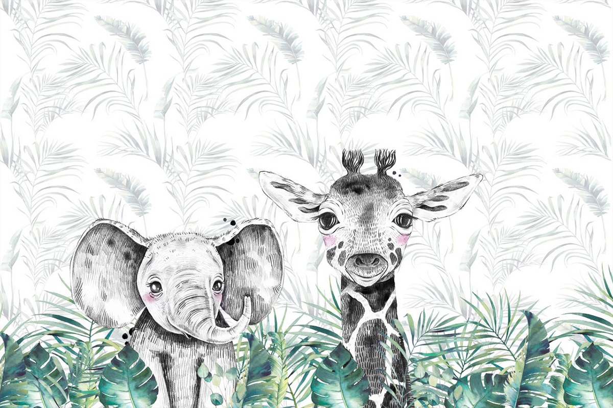Печать обоев: elephant and giraffe